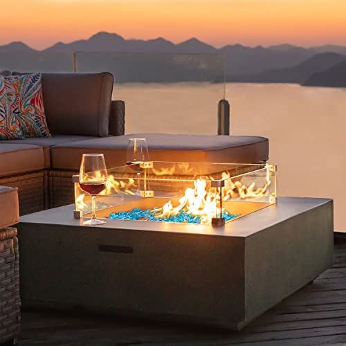 COSIEST Outdoor Propane Square Fire Pit Table, Celadon Faux Stone 35-inch Planter Base, 50,000 BTU Stainless Steel Burner, Aqua Blue Fire Glass and Rain Cover, Metal Lid