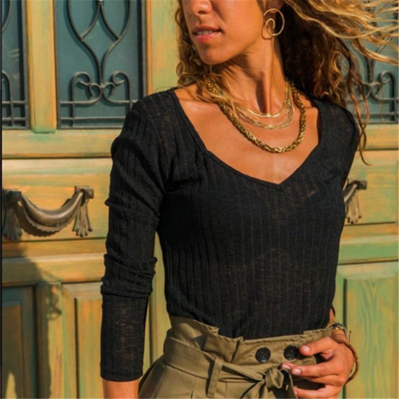 Fashion Pure Color V Neck Loose Knitted Sweater T-Shirt