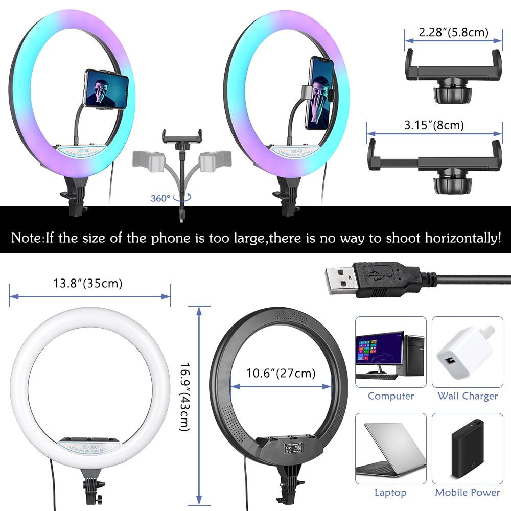 14Inch REB Ring Light With Tripod Stand Bluetooth Selfie LED Lamp Dimmable Photography