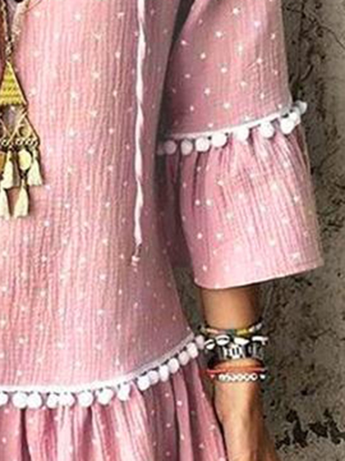 V neck lavender A-line Women Daily Basic 3/4 Sleeve Paneled Polka Dots Summer Dress