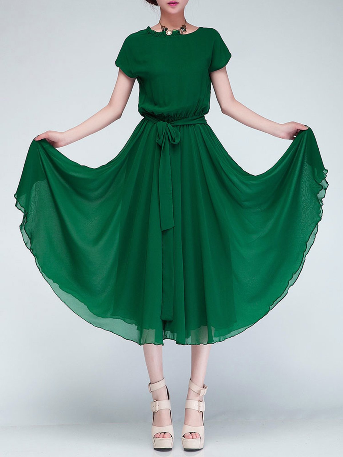 Elegant Chiffon Short Sleeve Dress with Belt