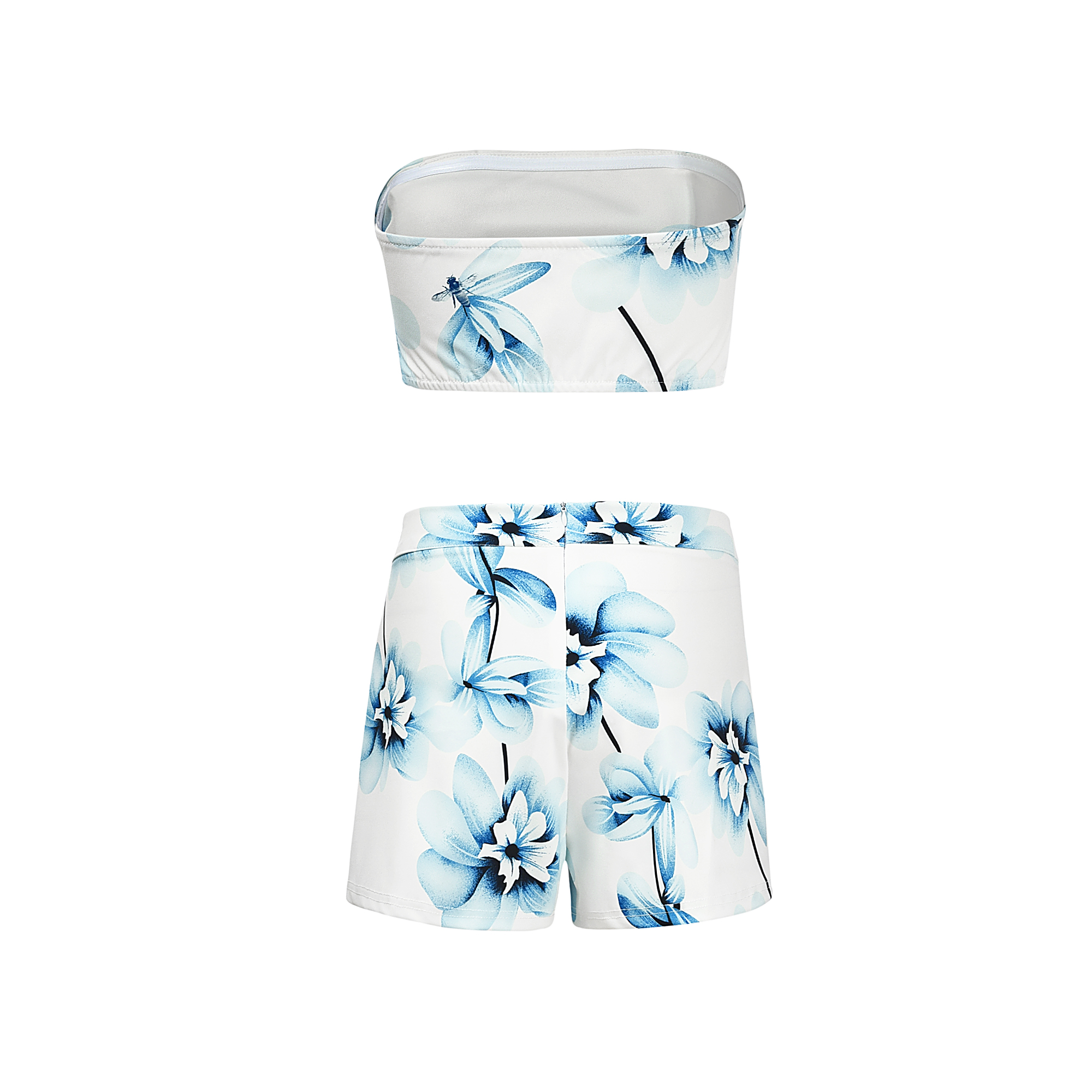 White and Blue Floral Strapless Top and Shorts
