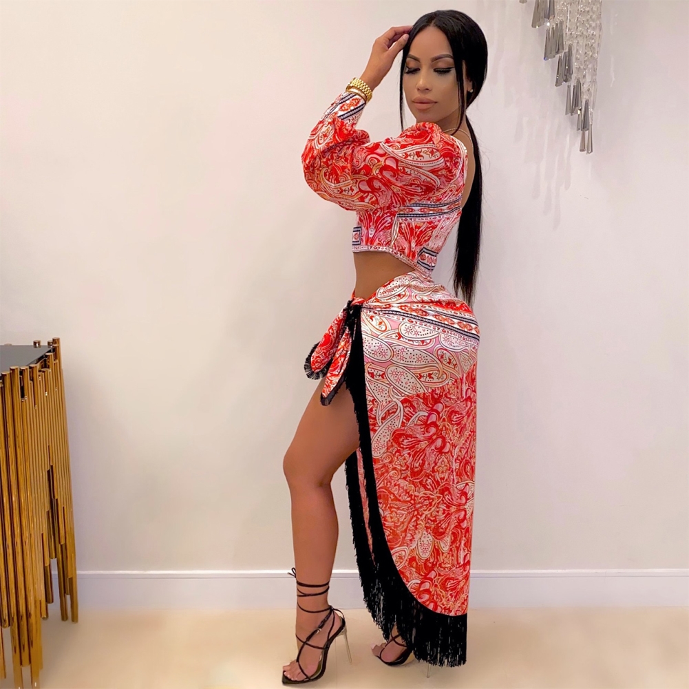 Retro Print Long Sleeve Crop Top and Long Skirt Set