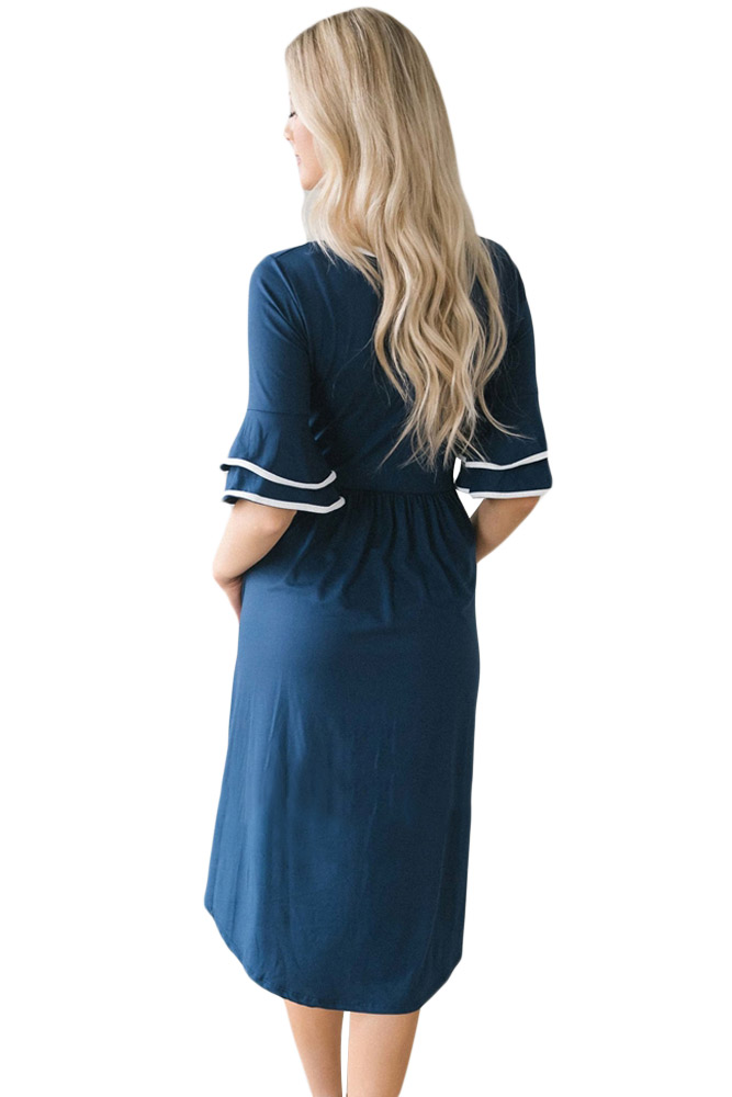 Slate Blue Layered Bell Sleeve Dress