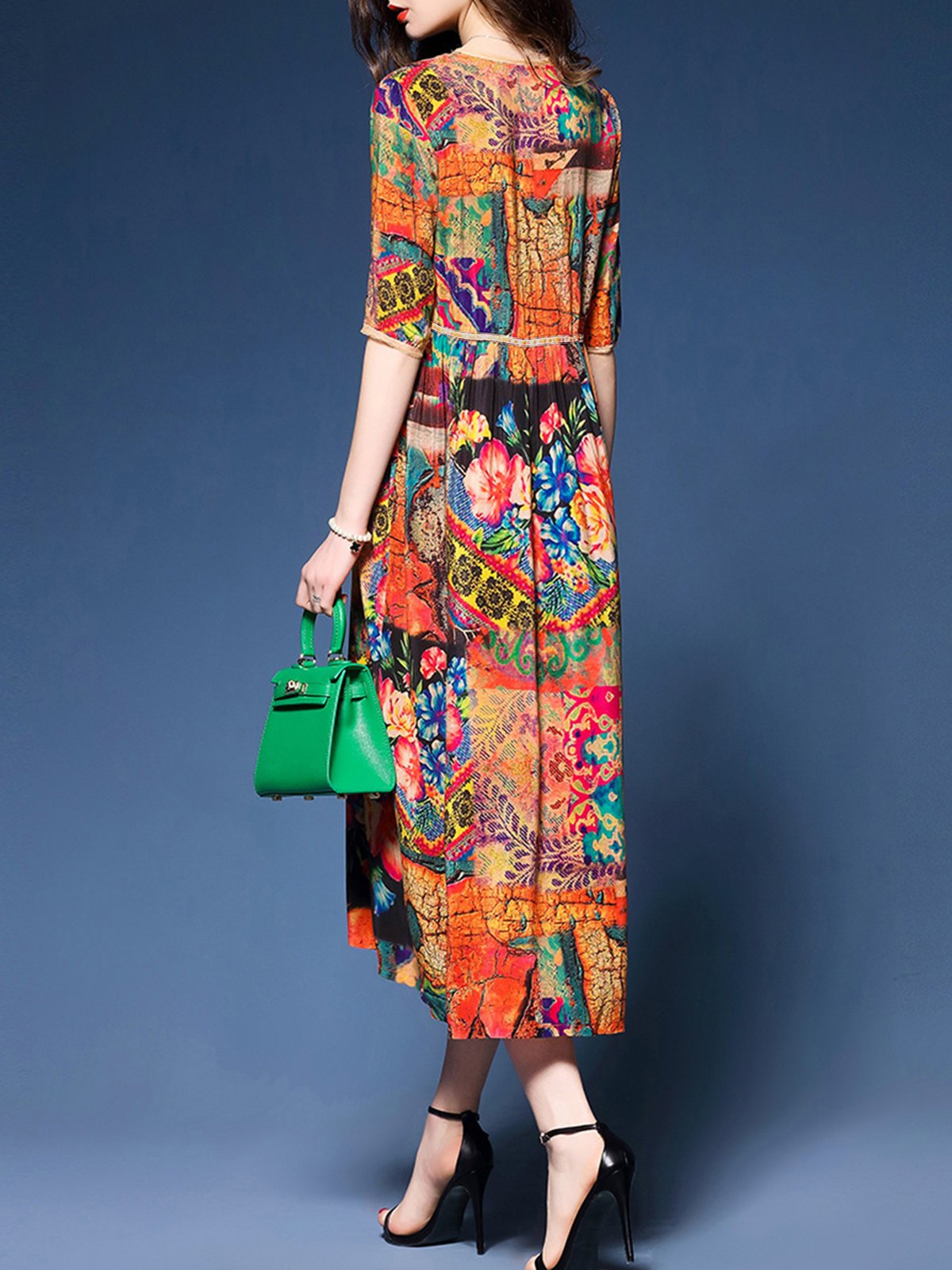 Multicolor Buttoned Abstract Casual Print Dress