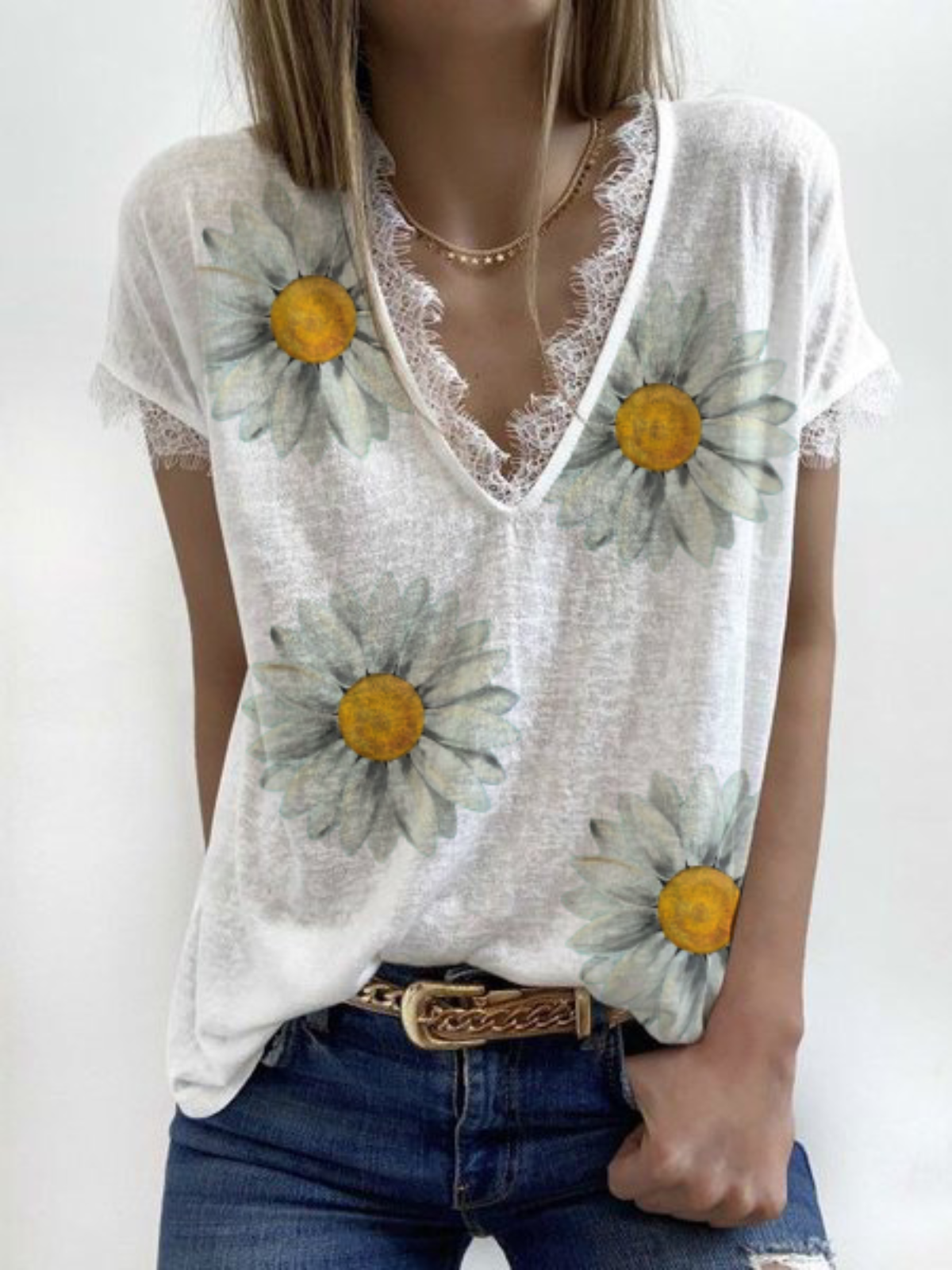 Plus size Floral V Neck Casual Shirts & Tops