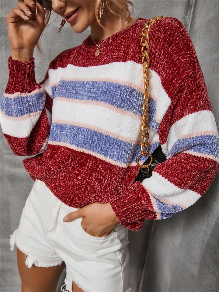Fashion Contrast Color Design Round Neck Striped Knitted Pullover Sweater