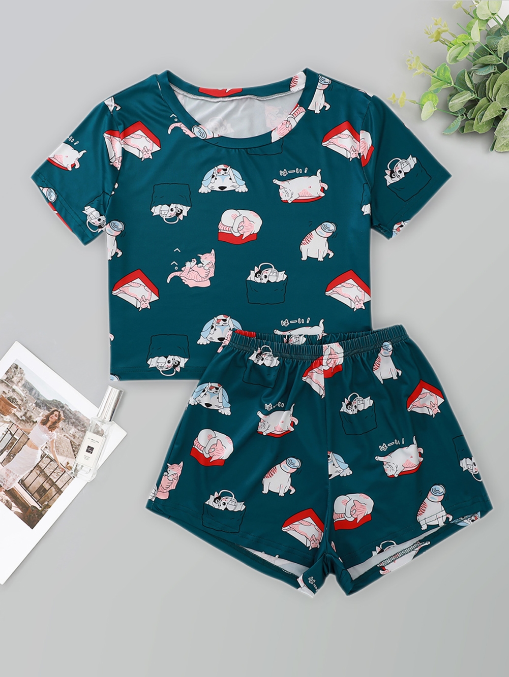 Women Summer Print Two Piece Shorts Pajama Set