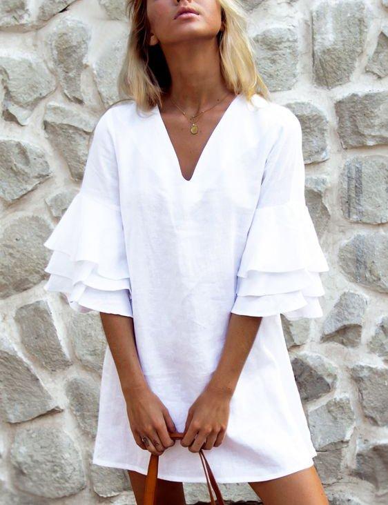 White Solid Half Sleeve Dresses