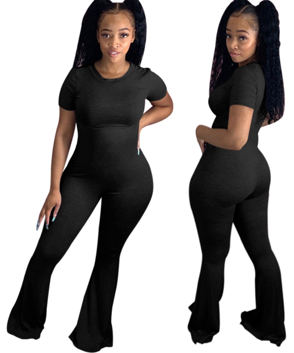 Solid Color Bell Bottom Jumpsuit with Short Sleeves