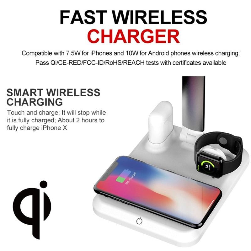 4 In 1 LED Desk Lamp Fast Wireless Charger Adjustable Angle Charging Table Bedside Night Light JA55