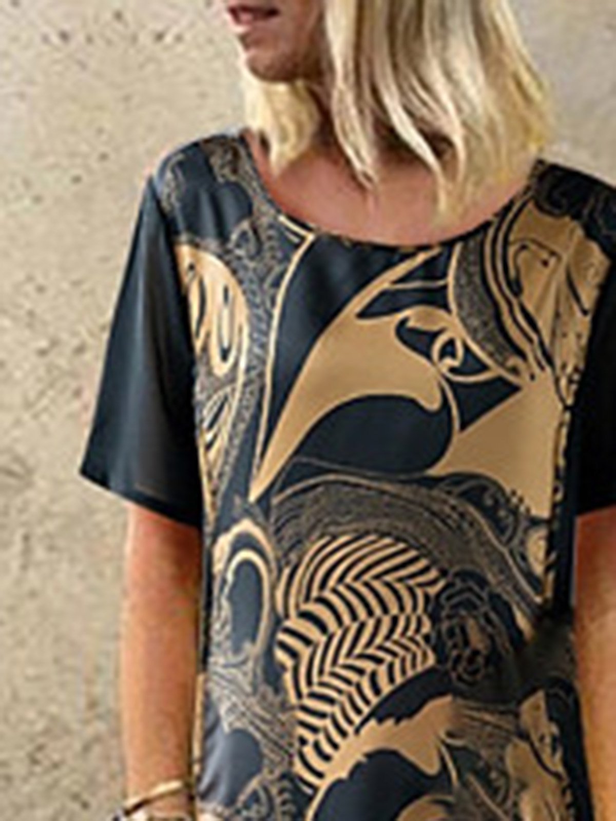 Vintage Printed Short Sleeve Round Neck Midi Dress