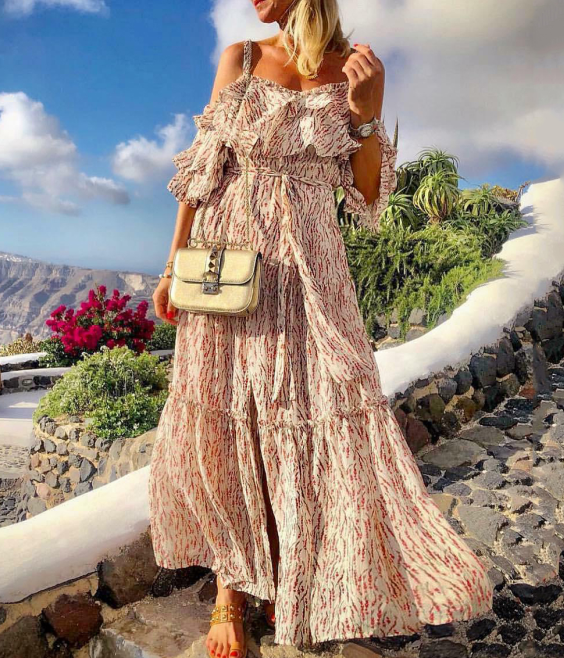 Print Straps Long Dress with Belt