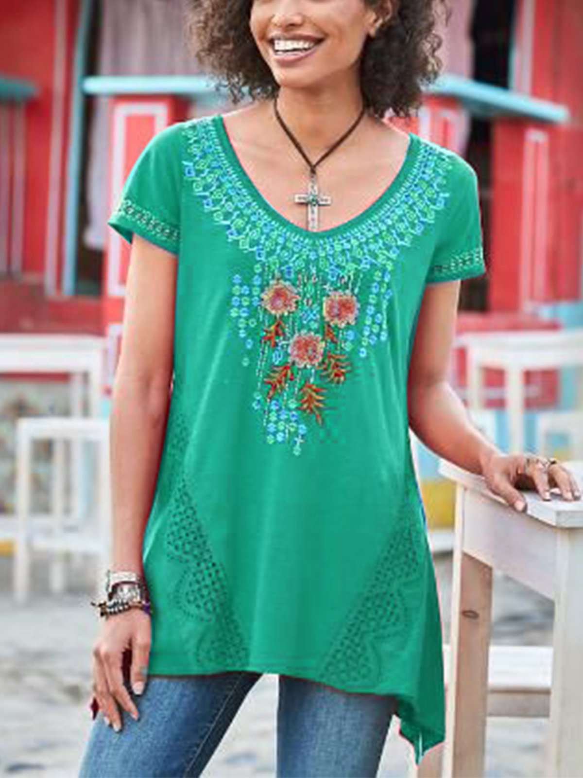 Cotton-Blend Short Sleeve Embroidered Shirts & Tops