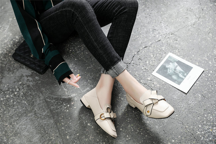 Natural Real Leather Bow Square Toe Flat Boat Shoes