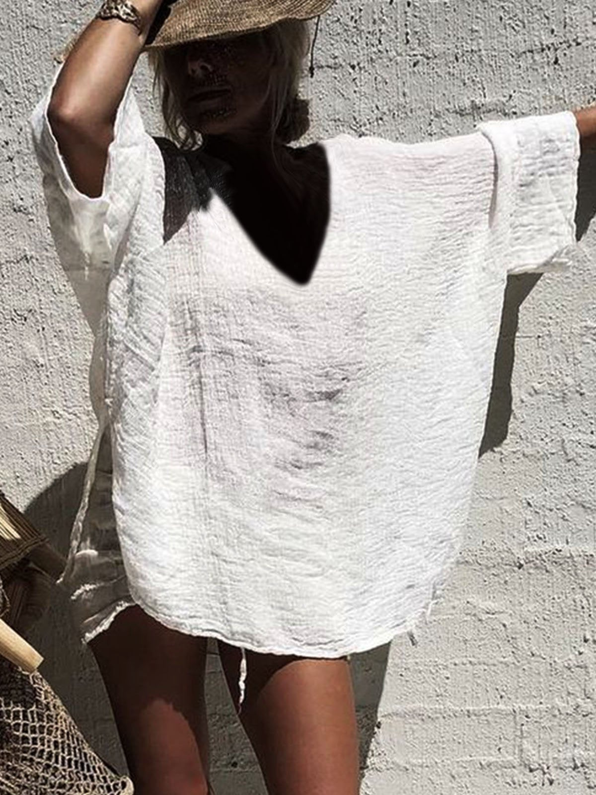 White Cotton-Blend V Neck 3/4 Sleeve Shirts & Tops