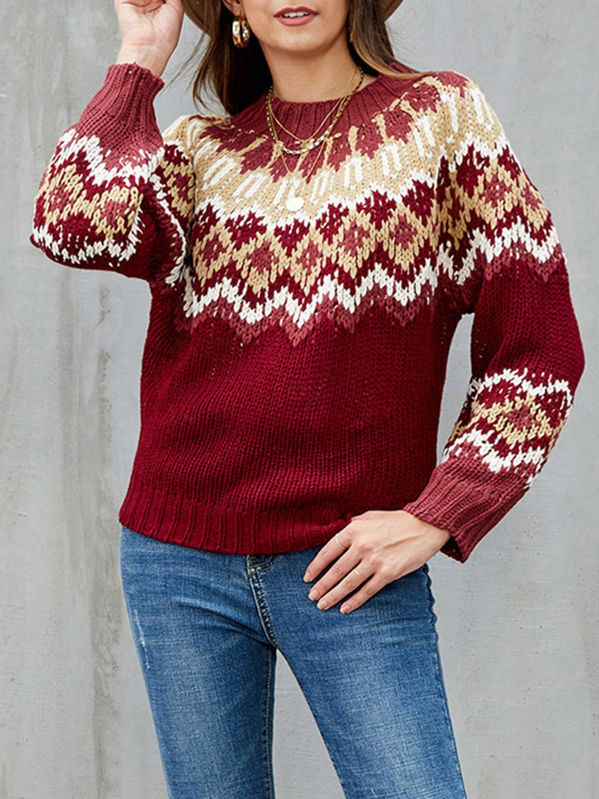 Burgundy Casual Tribal Knitted Acrylic Sweaters