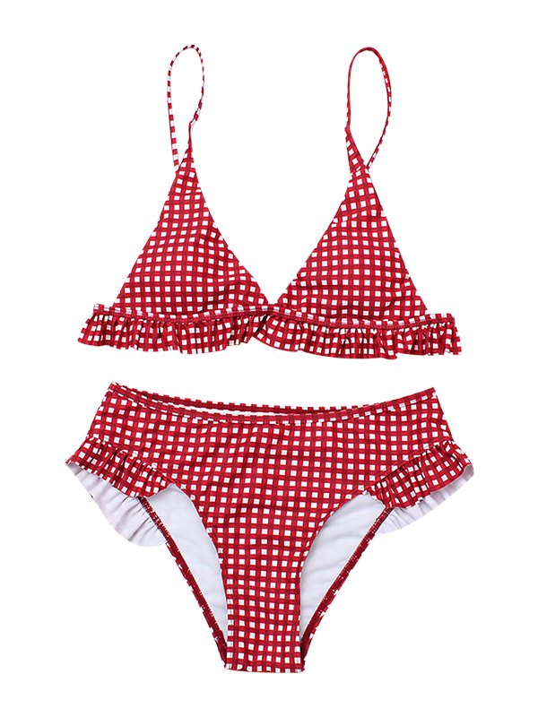 Plaid Ruffle Trim Bikini Swimsuit