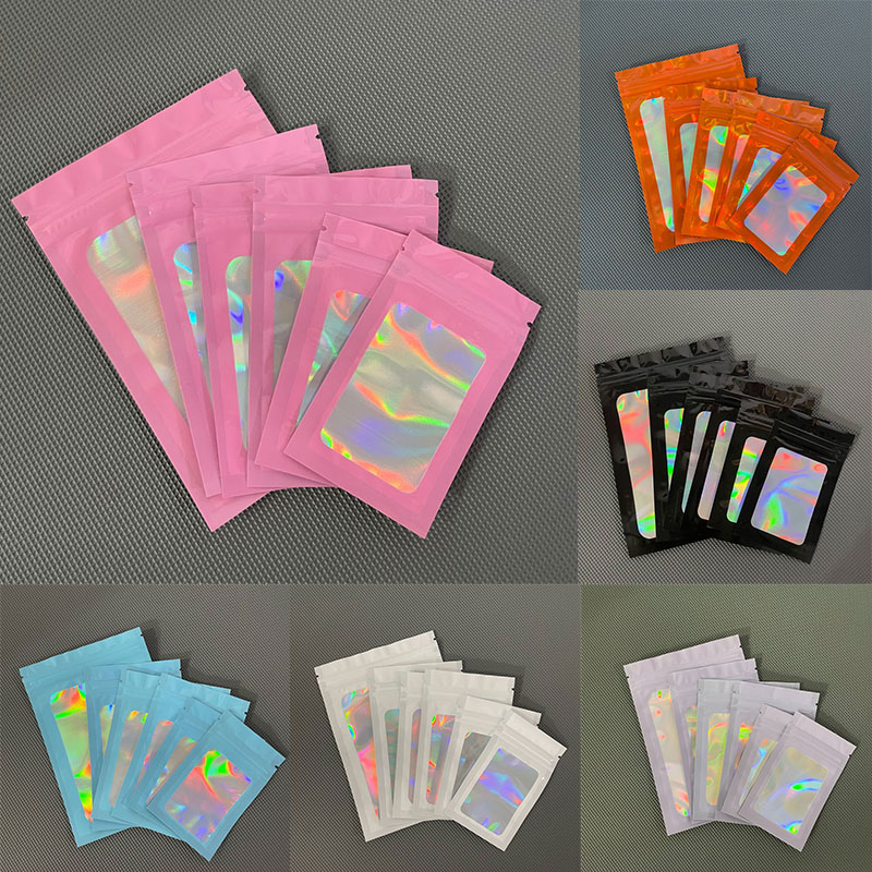 Laser Rainbow plastic zipper bag makeup brush holographic Packing bags clear Mylar pouch Holographic Packaging Bag