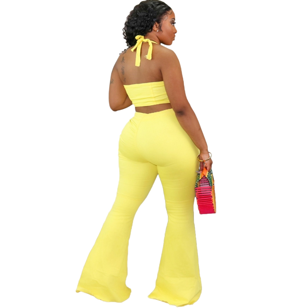 Sexy Plain Halter Crop Top and Flare Pants Set