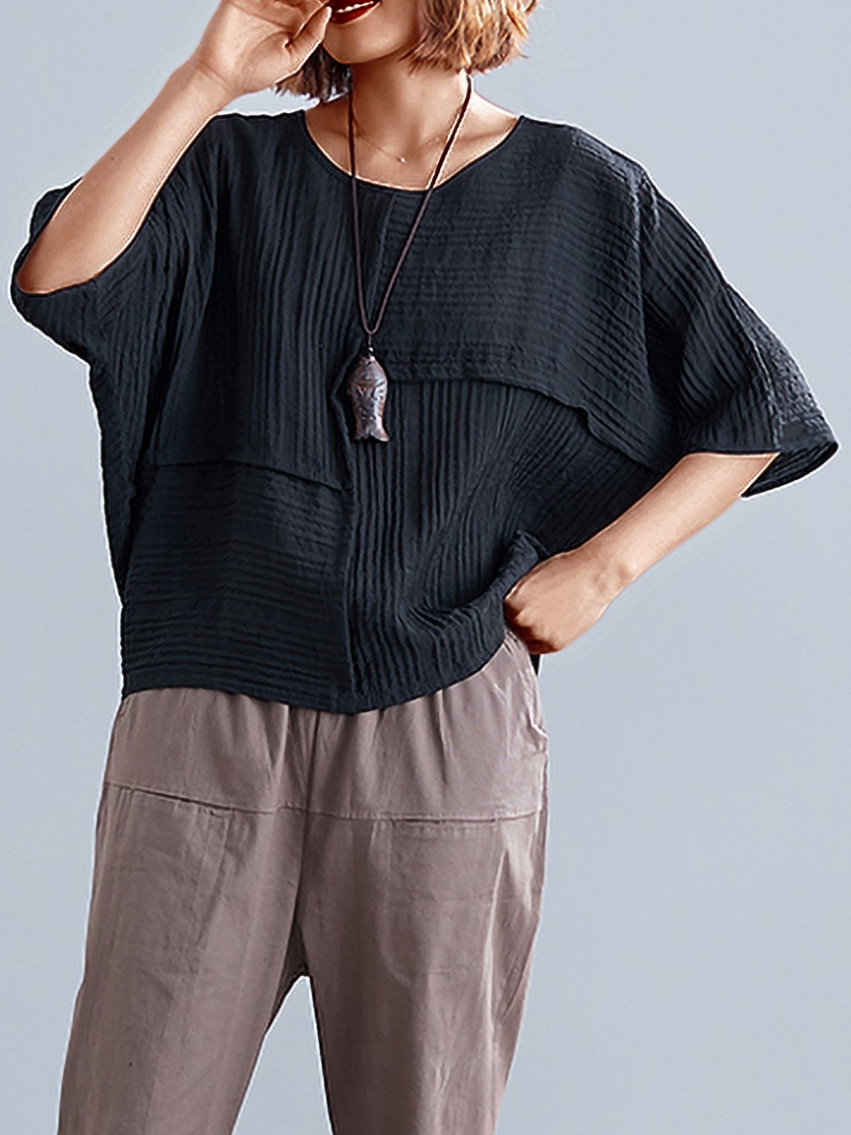 Plus Size Women Solid Half Sleeve Round Neck Loose Casual Tops