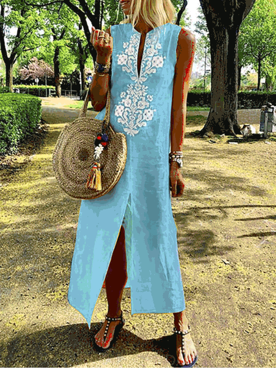 Sleeveless Geometric Casual Linen Maxi Dresses