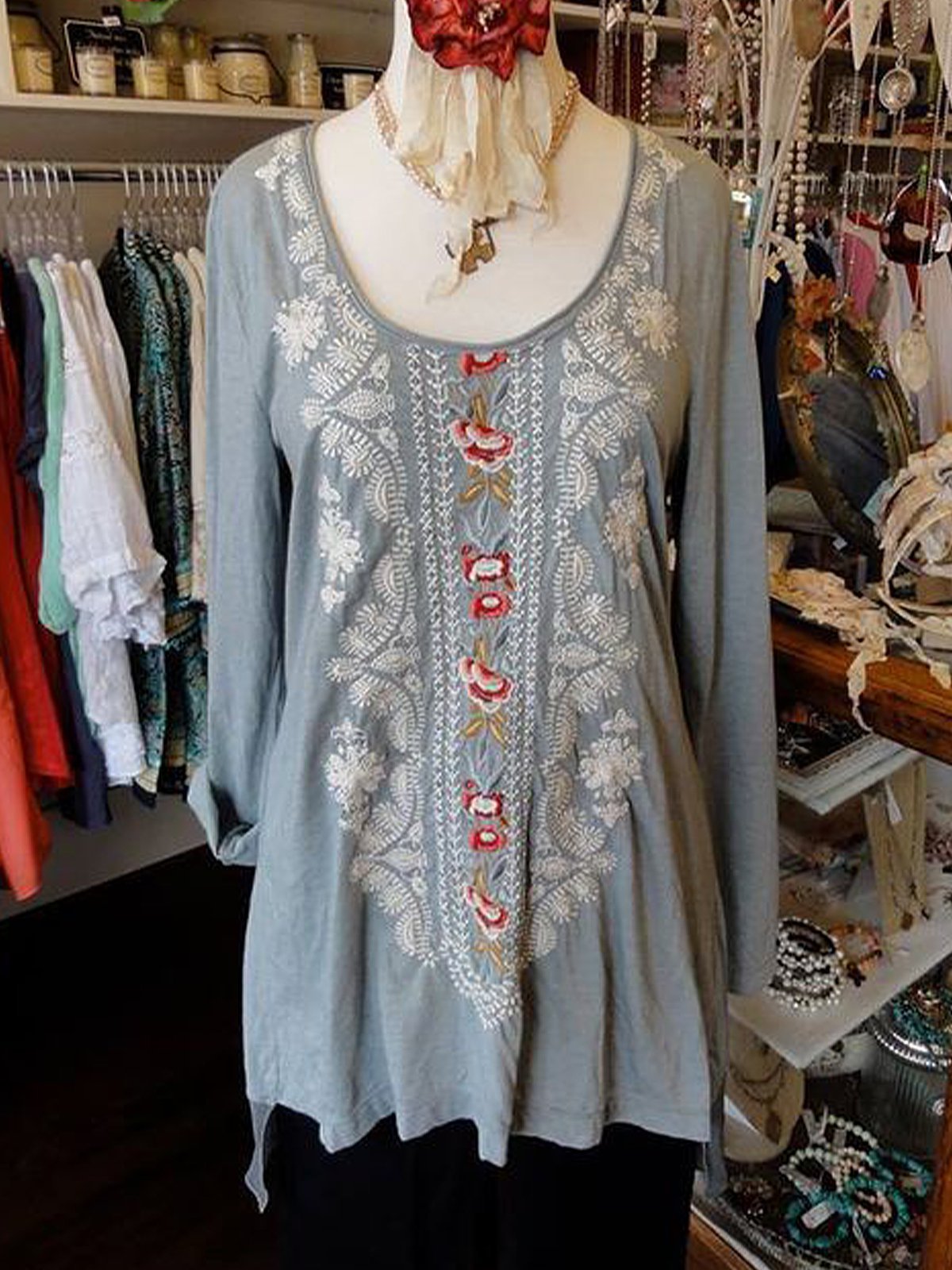 Shift Scoop Neckline Long Sleeve Floral Shirts & Tops