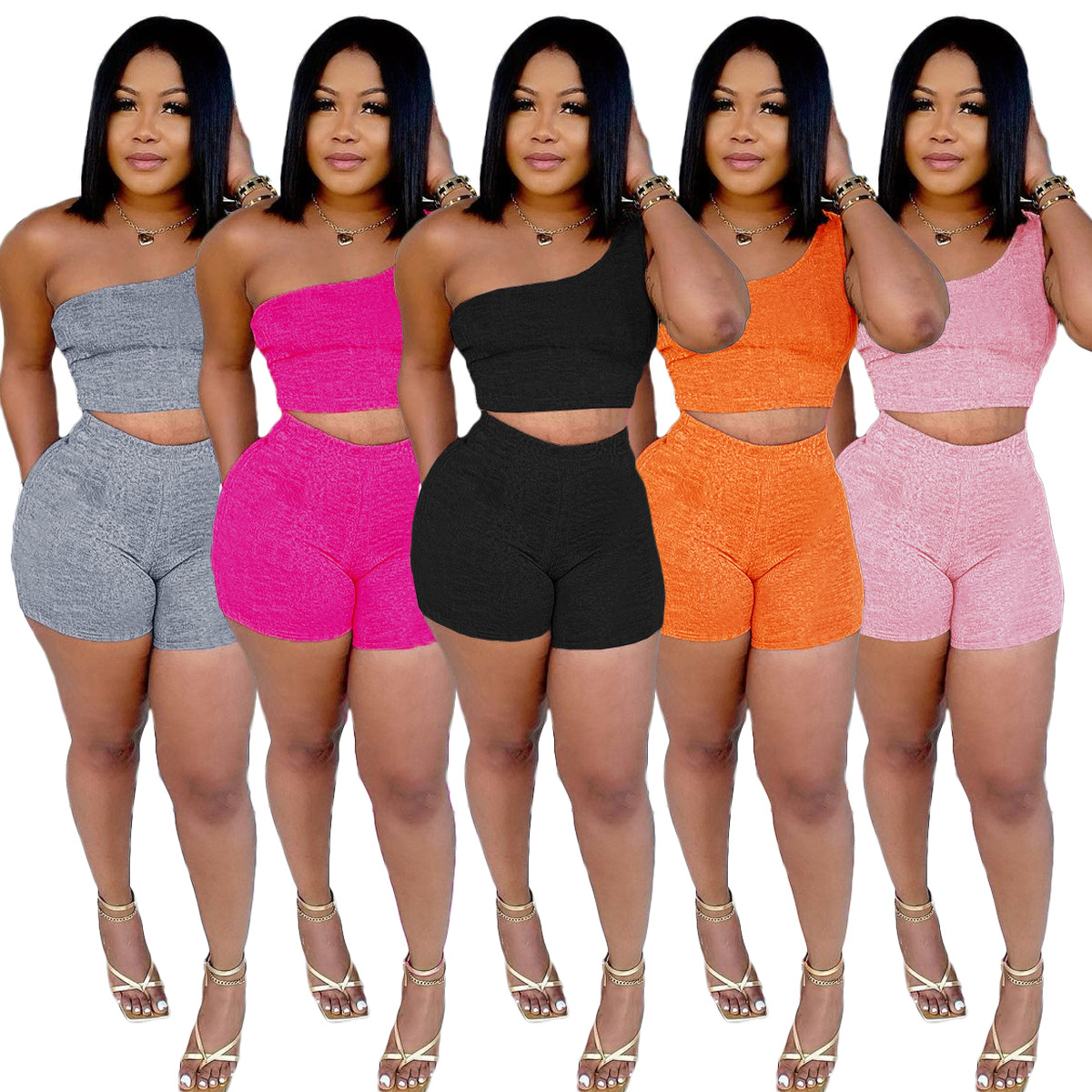 Fashion casual solid color one-shoulder strap vest top shorts two-piece trousers suit FSL146