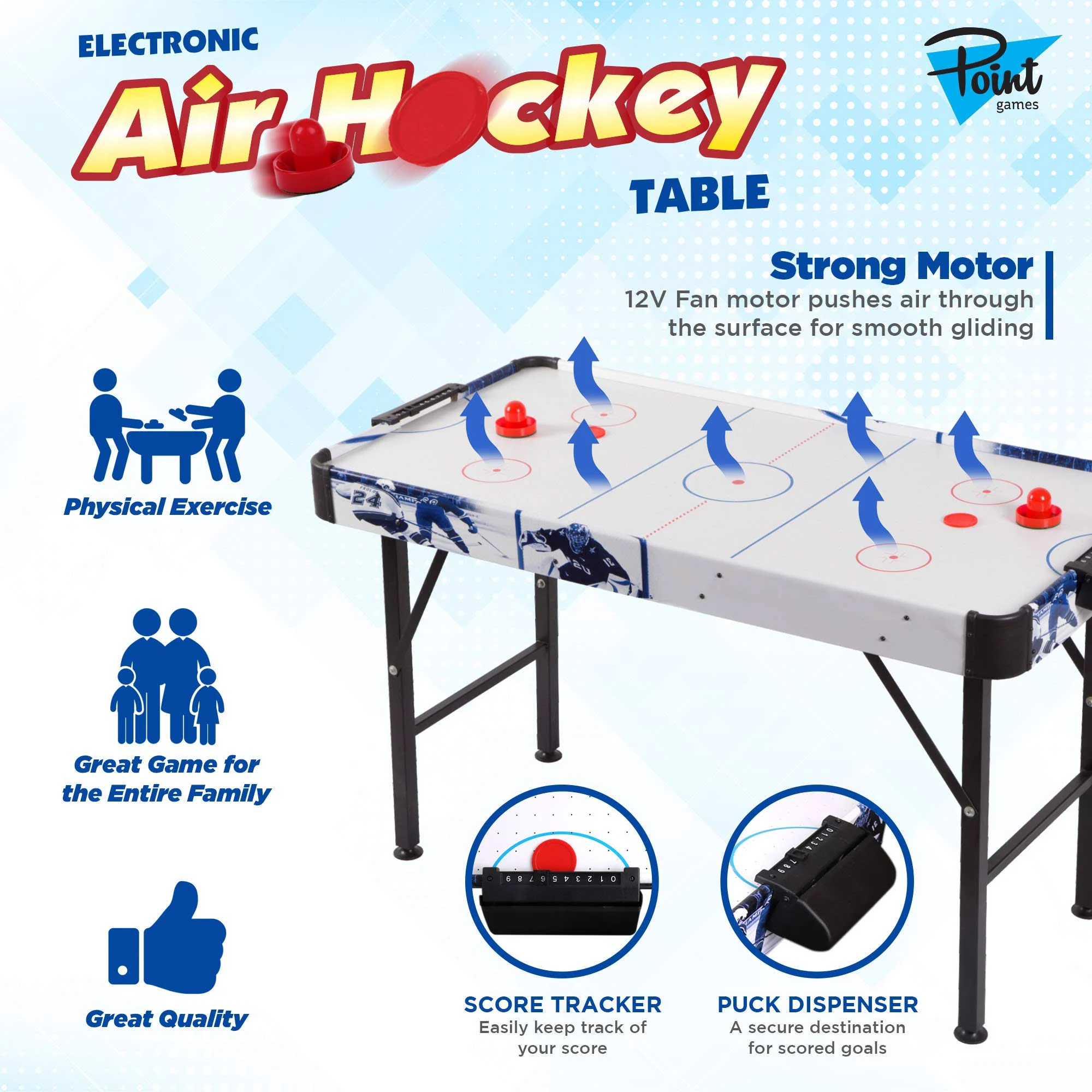 Point Games Air Hockey Table for Kids - Electric Powered Air Hockey Game - Foldable Tabletop - Air Hockey for Kids A