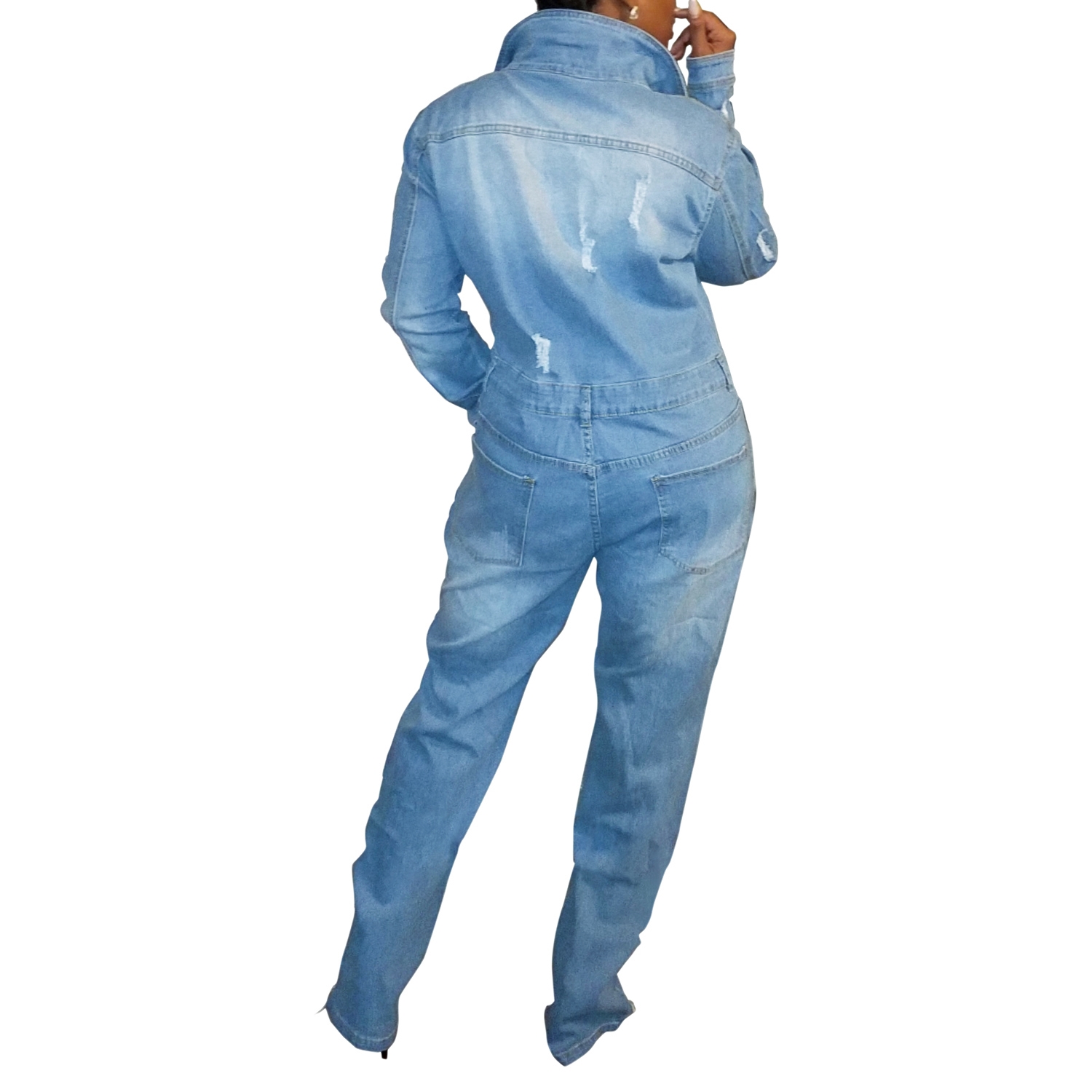 Button Up Blue Denim Jumpsuit with Sleeves