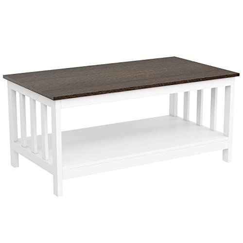 ChooChoo White Coffee Table, Farmhouse Living Room Table with Shelf / 40 Inch