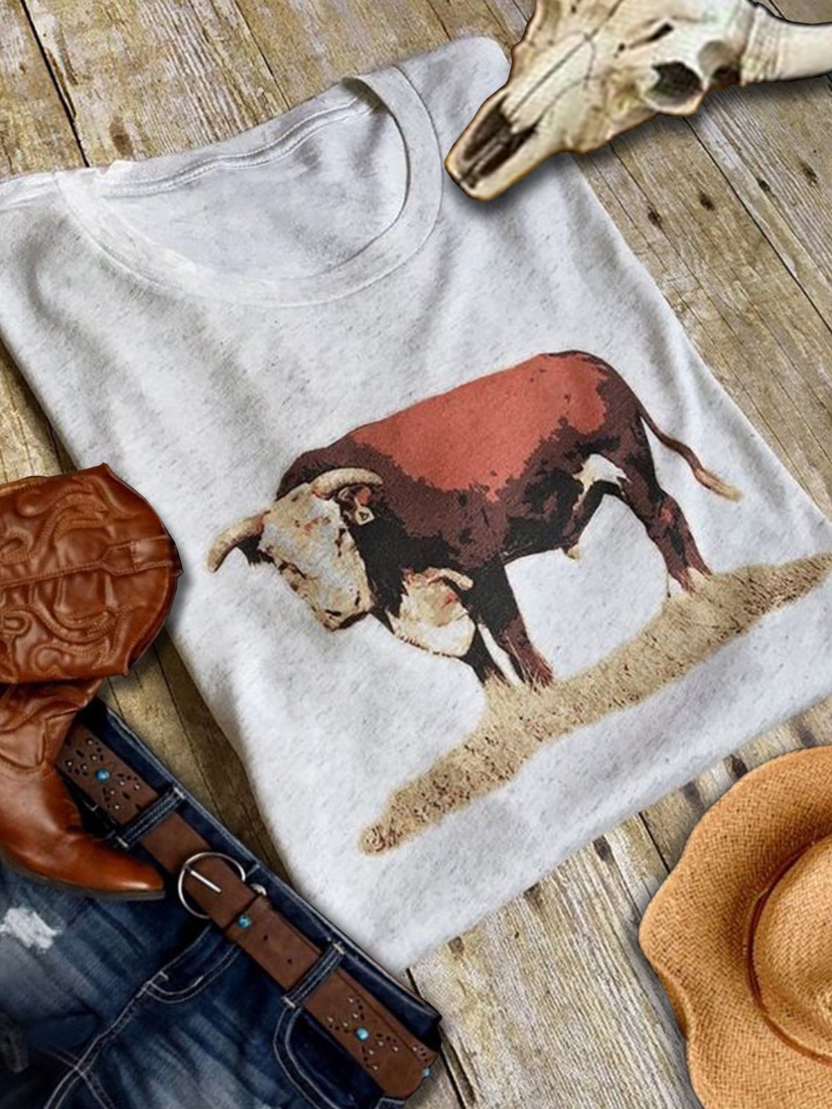 Light Gray Crew Neck Printed Vintage Shirts & Tops