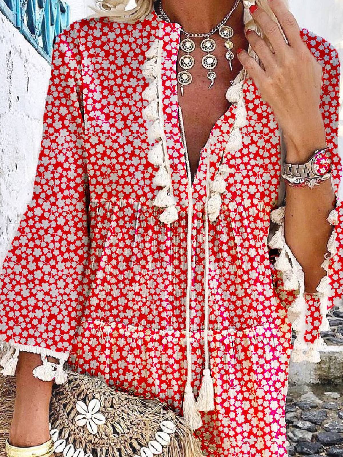 Red Floral-Print V Neck Floral 3/4 Sleeve Dresses