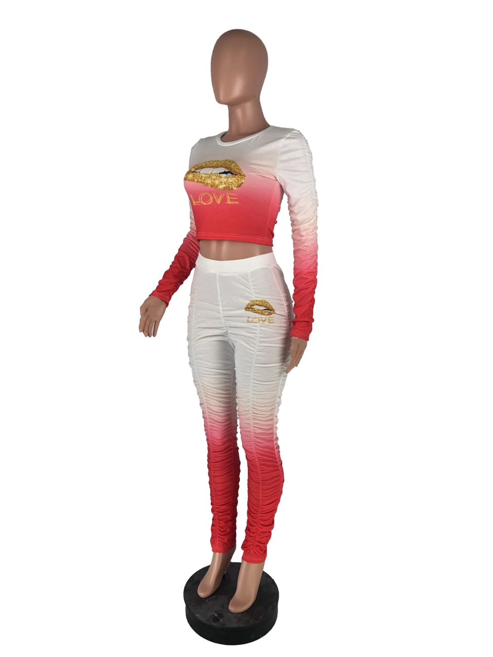 Fall Lips Print Two Piece Ruched Pants Set