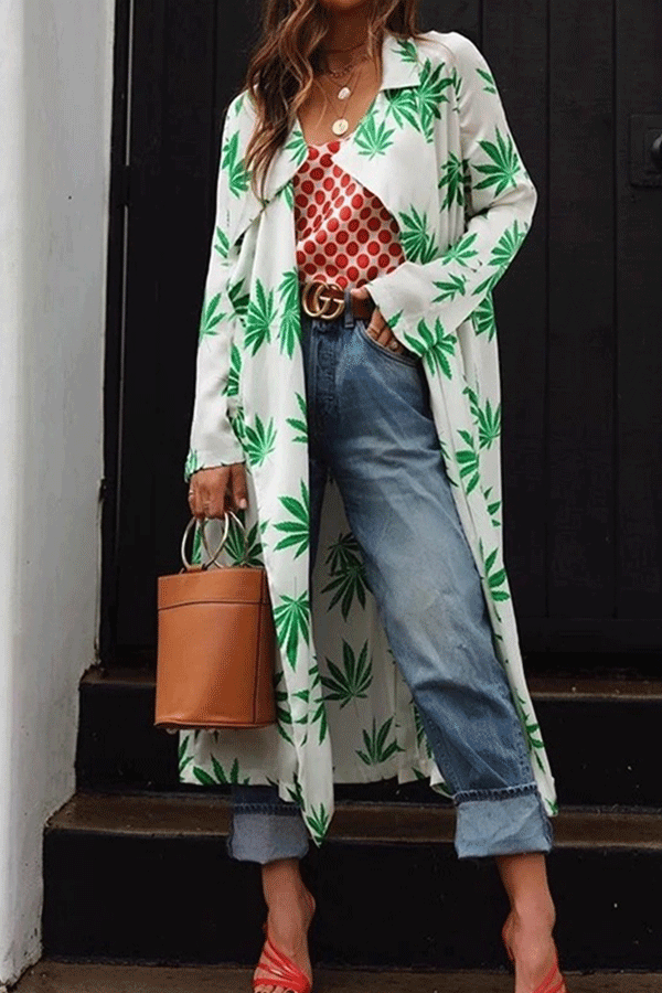 Fashion Fold Collar Collar Print Long Cardigan