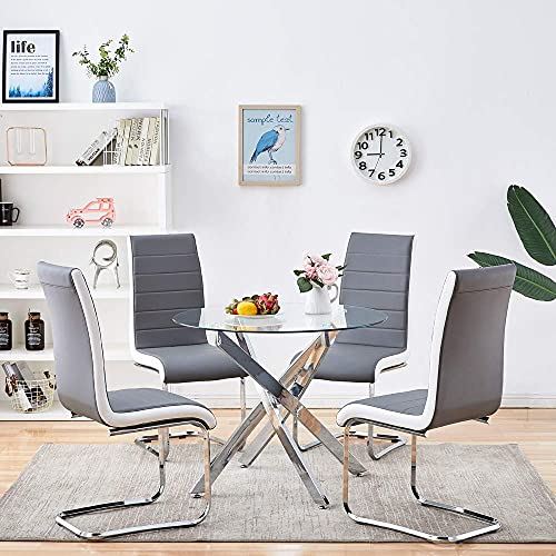 Grey White Side Dining Room Chairs, Kitchen Chairs with Faux Leather