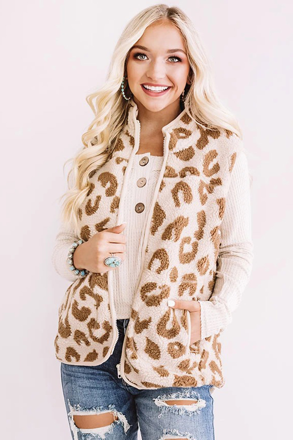 流行豹纹毛绒口袋拉链外套背心