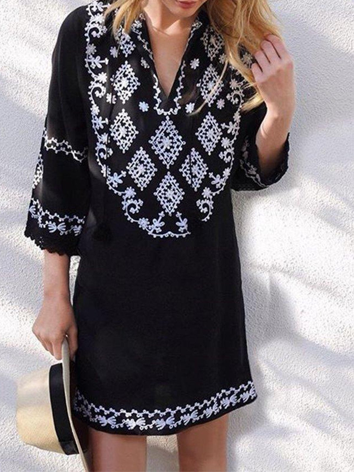 Black Geometric Boho Casual Dresses