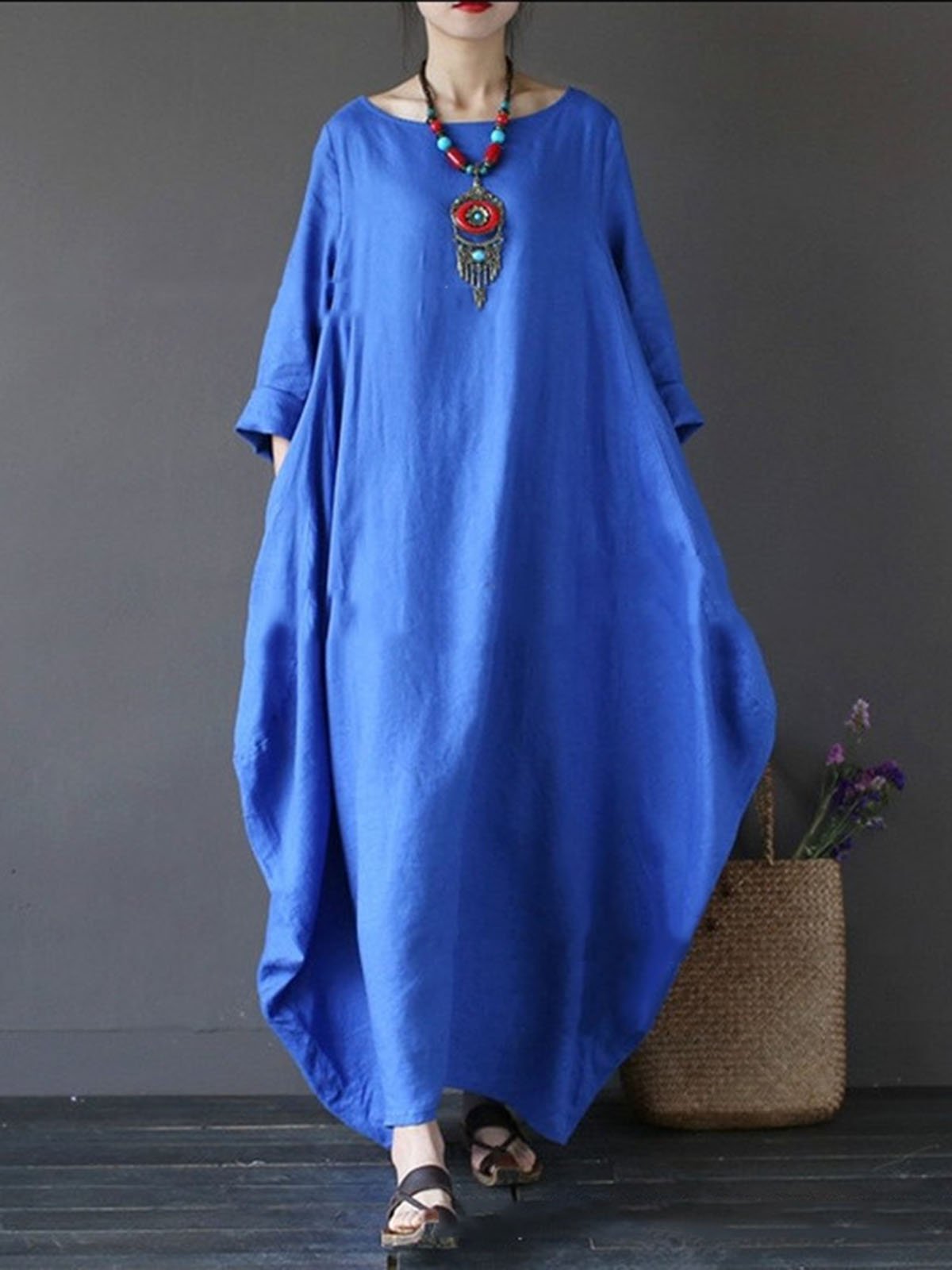 Red Swing Long Sleeve Crew Neck Cotton Dress