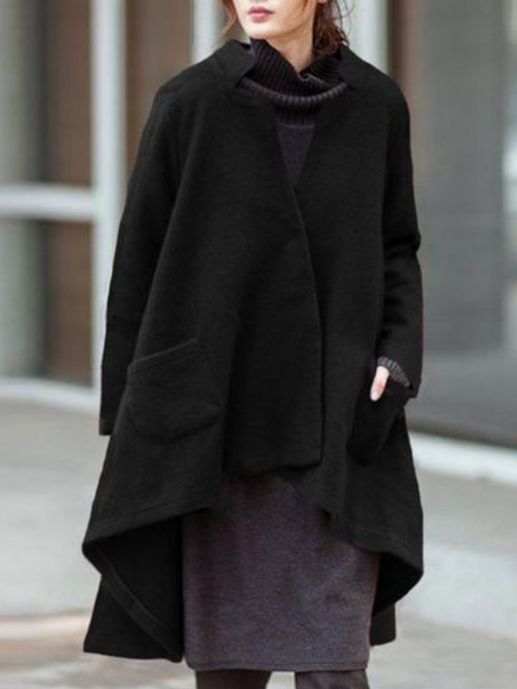 Women Vintage Stand Collar Irregular Poncho Coat Solid Color Oversized Long Outwear