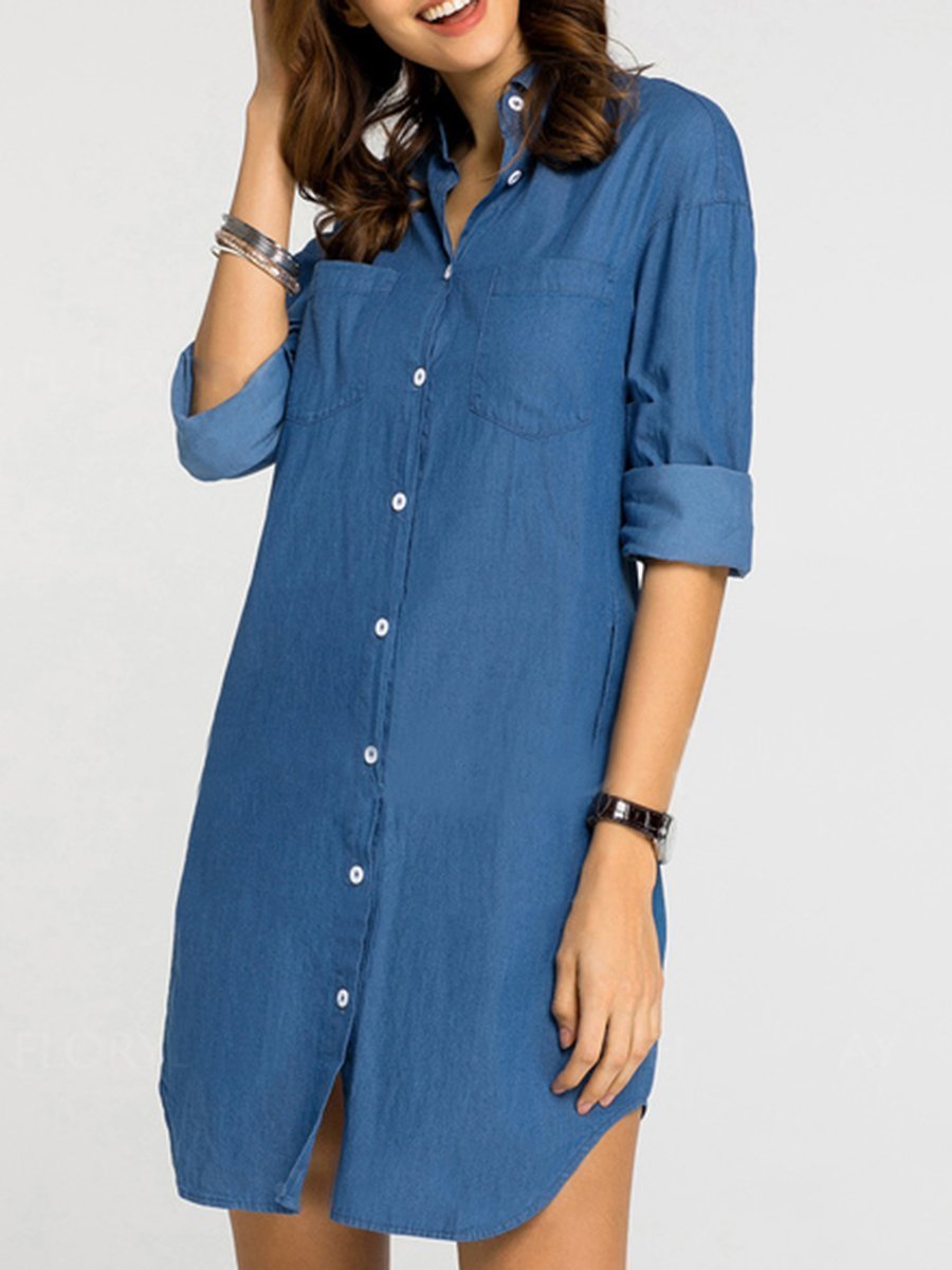 Turn Down Collar  Patch Pocket  Plain  Denim Shift Dress