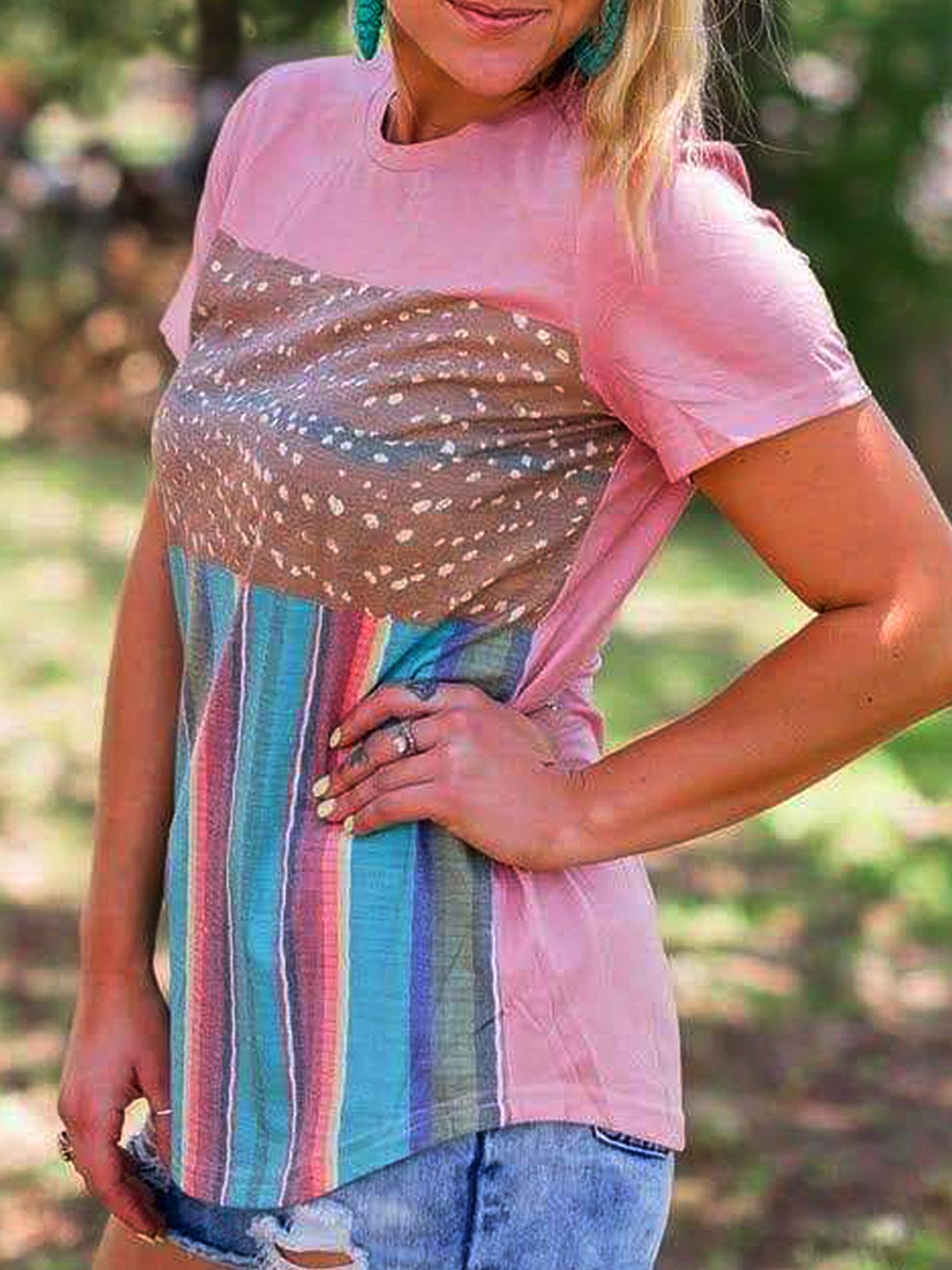 Crew Neck Geometric Short Sleeve Vintage Shirts & Tops