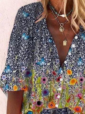 V Neck Floral Holiday Long Sleeve Shirts & Tops