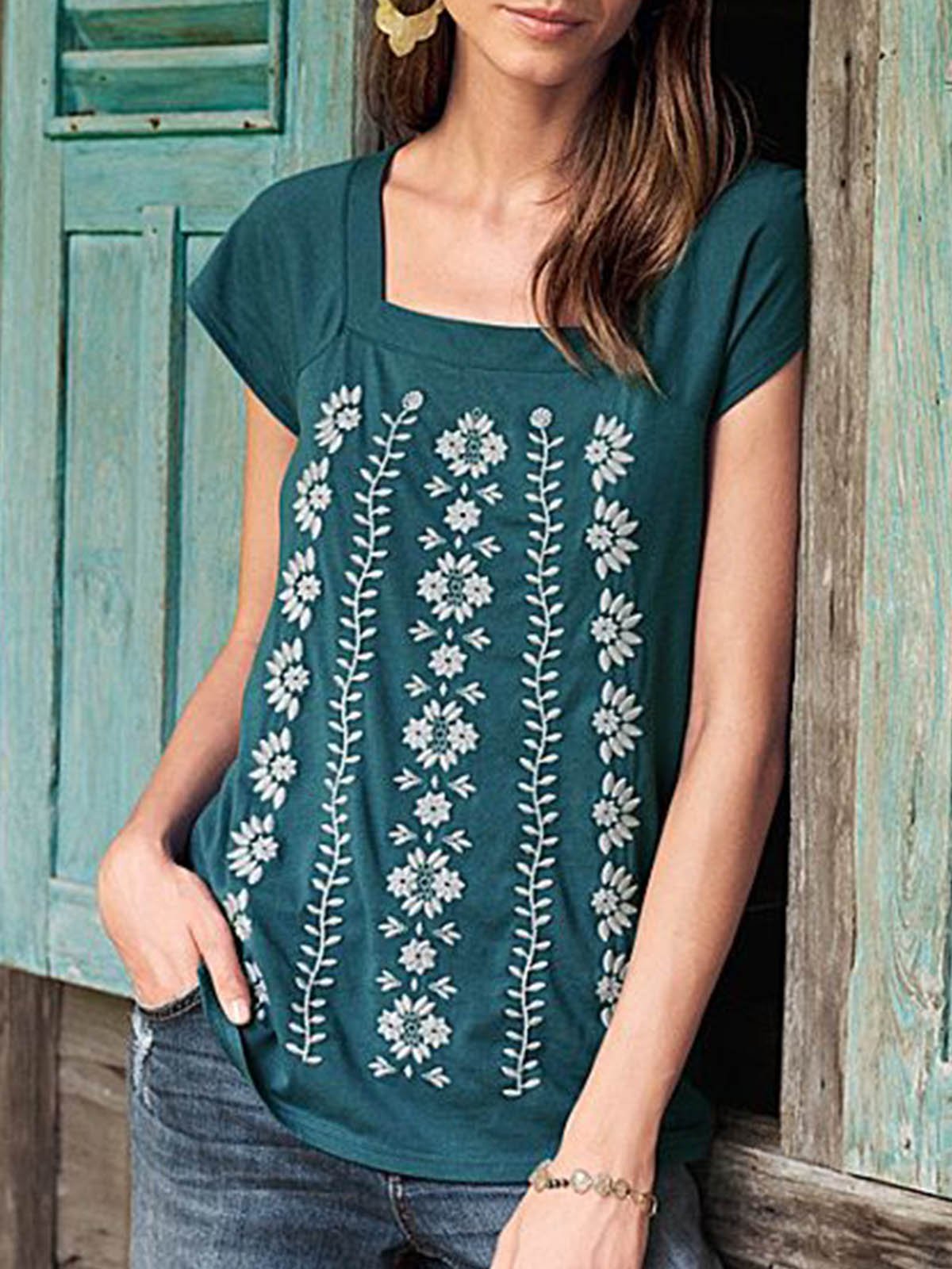 Gray Blue Short Sleeve Cotton-Blend Patchwork Shirts & Tops