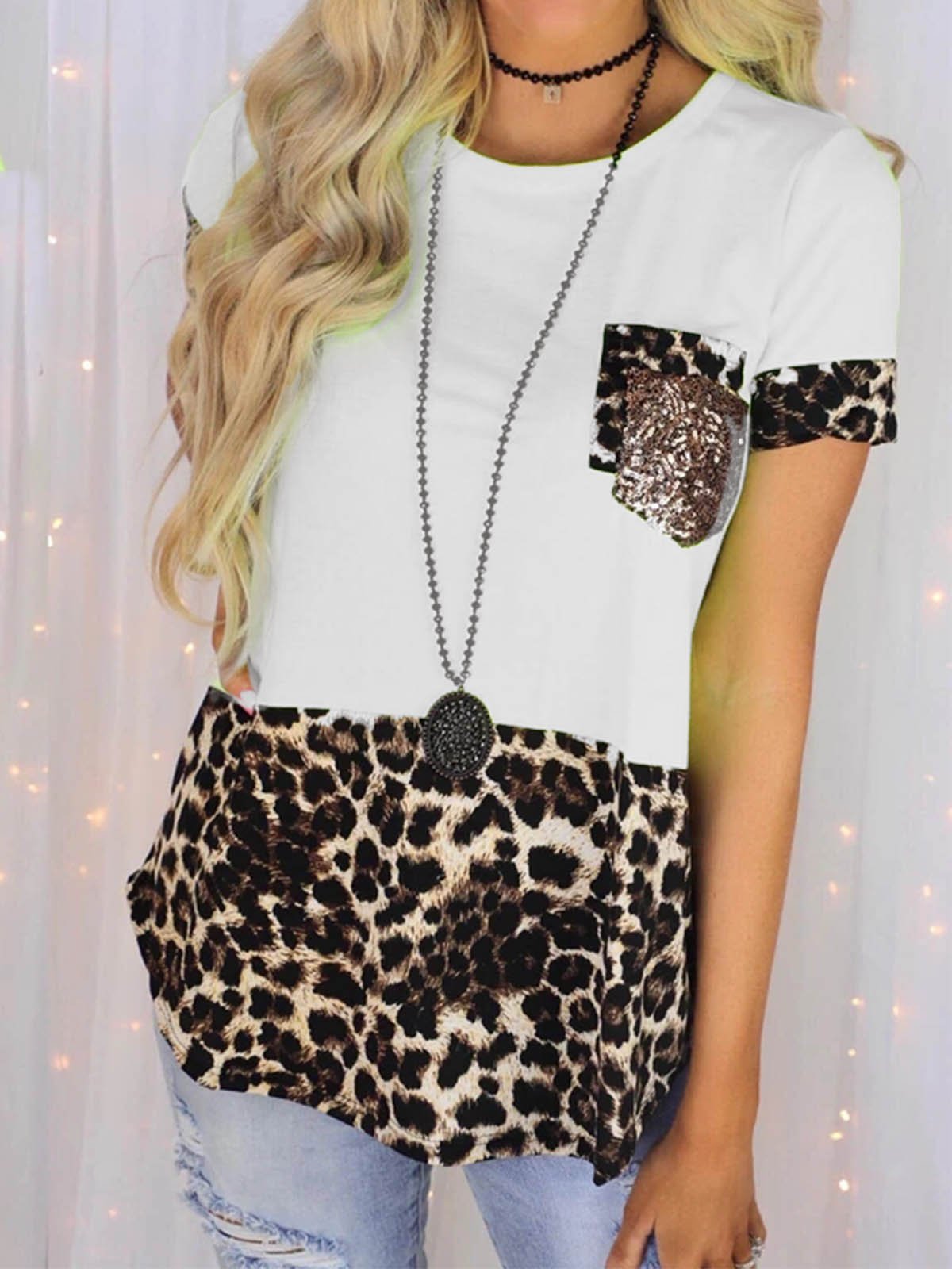 Leopard Casual Printed Cotton-Blend Shirts & Tops