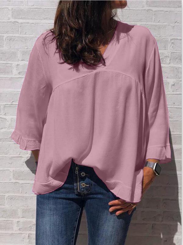 Plus Size Casual 3/4 Sleeve V Neck Solid Tops