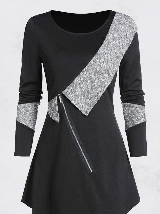 Black Paneled A-Line Crew Neck Long Sleeve Dresses