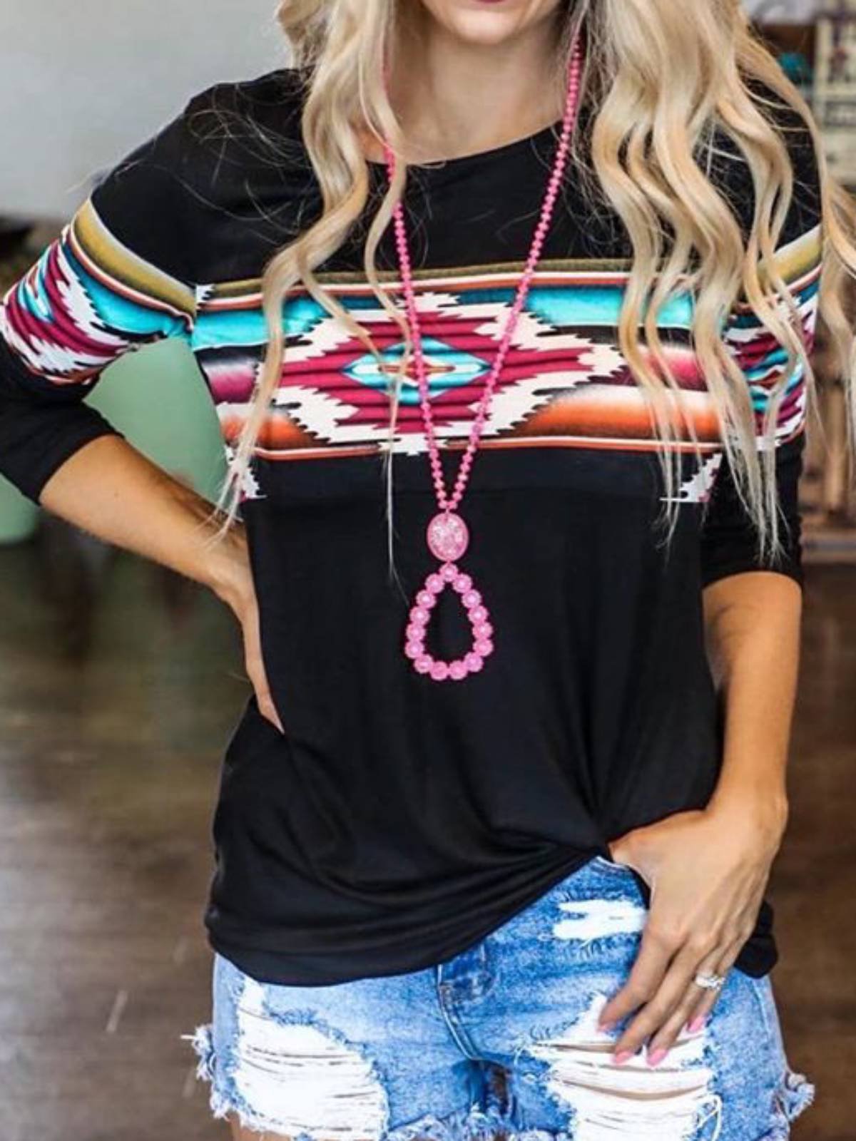 Crew Neck Casual Geometric 3/4 Sleeve Tops