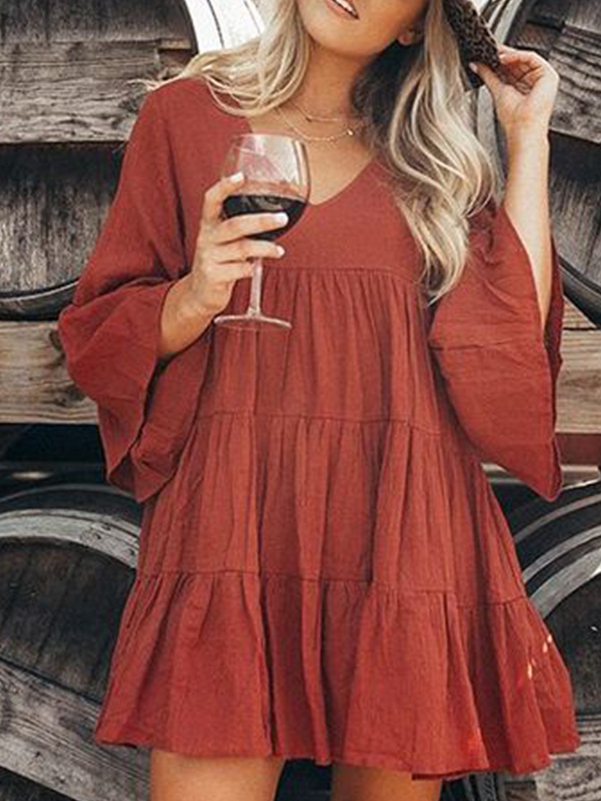 Red Solid Boho 3/4 Sleeve V Neck Dresses