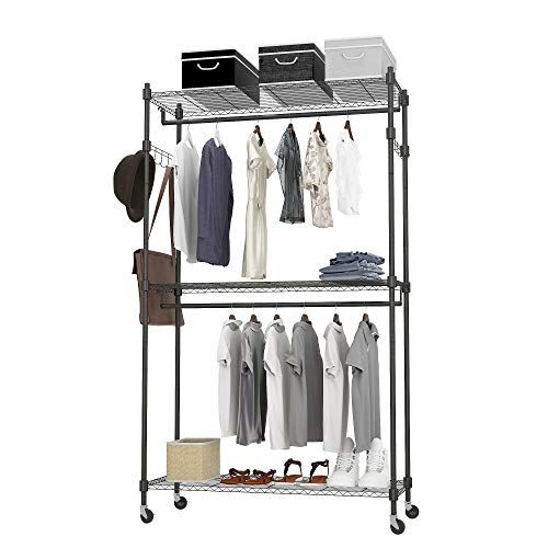 Heavy Duty Garment Rack on Wheels with 2Rod /2Hook-Hold Up to 400Lbs